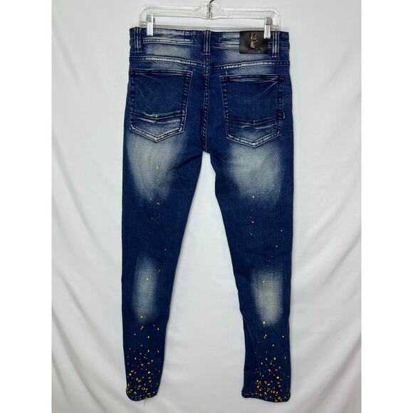 Makobi Men’s 32x32 Blue Cape Biker Jeans Paint Splash Dark Wash Denim M1783 - Picture 2 of 11